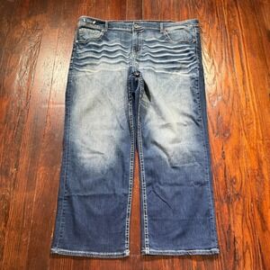 BKE Buckle Seth Jeans Mens 46x30 Blue Straight Leg Faded Whiskers Western Cowboy